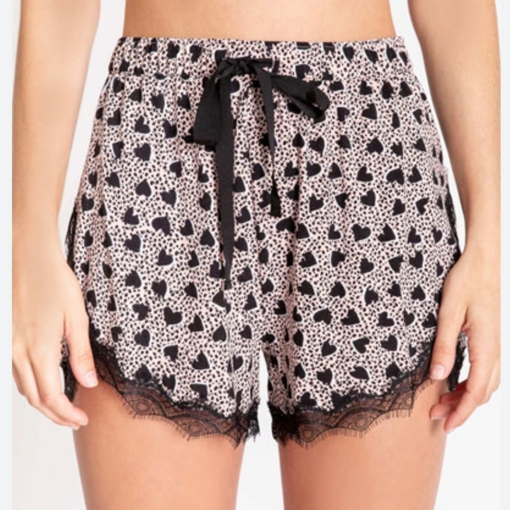 Pj Salvage Heart to Heart Blush pink & black hearts pj lace shorts xs NWT